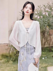 chaqi | เสื้อคาร์ดิแกนแขนยาวแบบบางสำหรับผู้หญิงในช่วงฤดูร้อน สไตล์จีนใหม่ ปกโปโล ใส่กับเสื้อเชิ้ตแขนยาวแบบสวมหัว