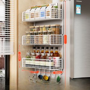 Kitchen Storage Rack Side Wall Hanging Shelves Multi-Layer Spice Bottle Preservation Film Metal Grid Refrigerator Organizer