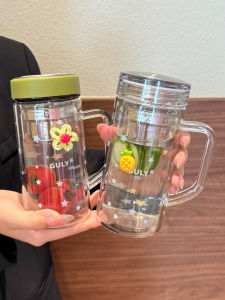 แก้วน้ำคริสตัลสองชั้นทนความร้อนสูง กันระเบิด กันร้อน ดีไซน์เก๋ไก๋สำหรับใช้ในออฟฟิศ พร้อมฝาปิด แยกน้ำชาและน้ำ