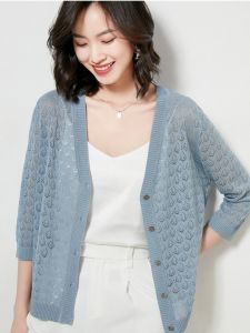 ผ้าไหม ถัก คาร์ดิเกน ผู้หญิง น้ําแข็งสั้นบางเฉียบ ผ้าไหม ฤดูใบไม้ผลิ ฤดูใบไม้ร่วง แจ๊กเก็ต คอวี แขนสามส่วน