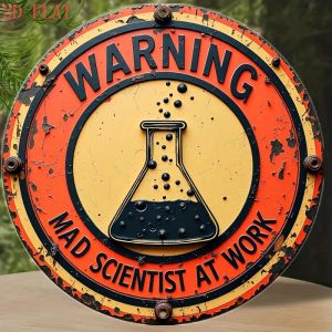 CIFbuy | 8-Inch Vintage Mad Scientist Warning Sign – Round Aluminum Wall Decor with Chemical Flask Design