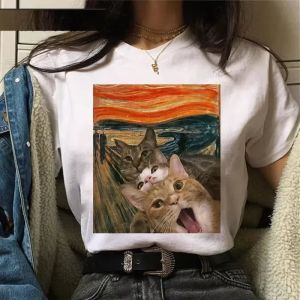 Women Cat Oil Painting Printed Funny Graphic Tee Shirt Summer Sleeve Casual White Tops Harajuku Clothing Harajuku Sleeve Casual