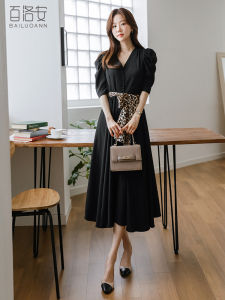 BAILUOANN | Elegant French Style Midi Dress Womens Summer New Simple V-neck A-line Skirt Flared Skirt High Waist Short Sleeve Pure Color