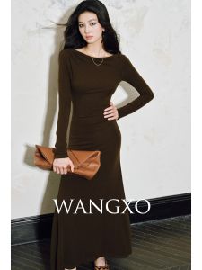 WANGXO | Đầm Len Dệt Kim Dáng A Mô Típ Cashmere Một Bờ Vai Ống
