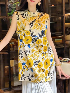 QINGNAER | Plus Size Elegant Sleeveless Blouse Floral Print