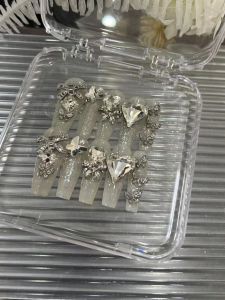 Ins Wearing False Nails Long White Bridal Manicure Handmade Luxury Diamond Premium Feeling for Wedding Nail Art Products