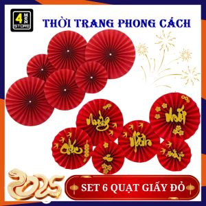 SET 6 Quạt Giấy Đỏ Dán Tường Trang Trí Tết - Quạt Xếp Đỏ Kèm Chữ Chúc Mừng Năm Mới Decor Nhà Cửa Đẹp Mắt - Quạt Xòe Đỏ Trang Trí Trung Thu Khai Trương Đám Cưới