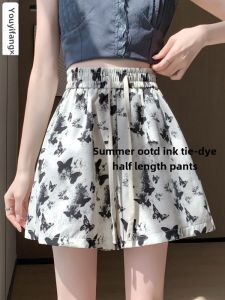 กางเกงขาสั้นผ้าไหมน้ำแข็งเอวสูงสไตล์ฤดูร้อนสำหรับผู้หญิง กางเกงขายาวทรงเอ กางเกงขายาวทรงกว้าง ระบายอากาศได้ดี แห้งเร็ว กางเกงขายาวลายผีเสื้อ