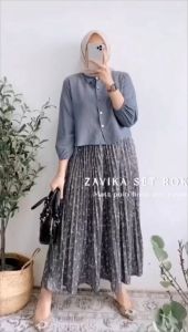 K-FASHION Setelan Set Rok Wanita Muslim Terbaru Kekinian Baju Plisket Premium Import Cantik Mewah Murah Zavika