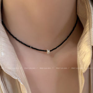 Retro Black Spinel Pearl Lockbone Chain Necklace Womens Luxury Beaded Choker Jewelry Fashionable Korean Style Accessory