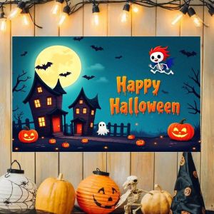 VIKAMA Halloween Banner Happy Halloween Tapestry Castle Pumpkin Skeleton Ghost Print Home Party Wall Decor Flag