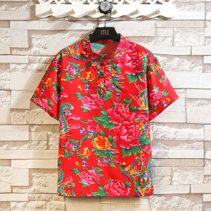 Chinese Style Mens Clothing Northeast Big Flower Tang Suit Chinese Frog Button Shirt Short Sleeve Summer Loose Plus Size Underwear Blouse Clothes Bright-Colored Clothes