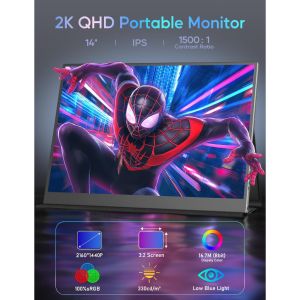 ZSCMALL 1K/2K Portable Monitor 14-inch 2160*1440 Frameless 400 Nits IPS HDR Eyecare USB C Gaming Display Included Smart Case Touchscreen or Notouch versin for Chossing