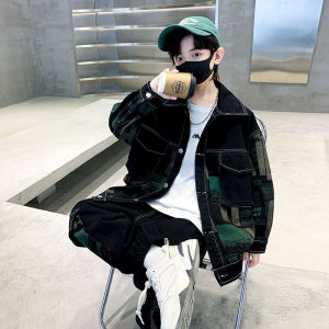 2025 New Boys Denim Suit Trendy Letter Printed Jacket Cargo Pants Streetwear Outfits Casual Loose Childrens Two Pcs Clothing