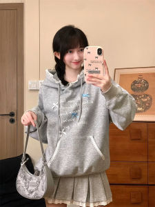 Loose Long Sleeve Hoodie Womens Lace Trim Splice Butterfly Knot Letter Print Casual Outerwear Top Korean Style Street Fashion