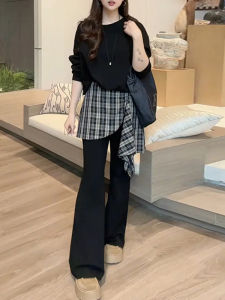 Shalldoer | Early Autumn Atmosphere Elegant Womens Loose Slimming Shoulder Sweater Plaid Splicing Flared Pants Two-Piece Set Casual Style