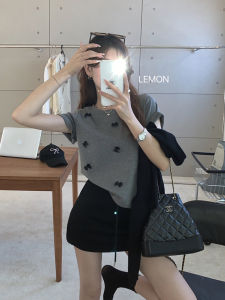 CHOEFULYN | Korean Style Ballet-inspired Grey Round Neck Bow Short Sleeve T-shirt