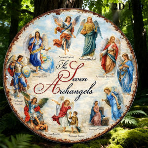 2D Vintage Metal Round Sign 8x8 Inch Seven Archangels Religious Wall Art Decor for Living Room Bedroom Home Office Cafe Bar