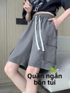 MiiOW | Quần short công sở màu đen cho nữ mùa hè mới có dây rút cạp cao rộng rãi phong cách BF cổ điển quần thể thao Mỹ năm điểm