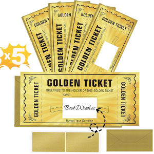 5 Sets Gold Scratch off Tickets with Envelopes DIY Birthday Wedding Concert Movie Coupon Lucky Draw Surprise Gift Display