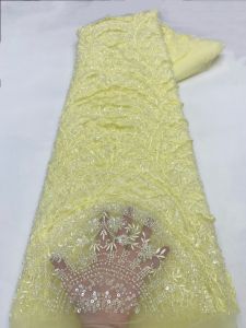 AT3010-A1 African Heavy Beaded Lace Fabric High Quality 5 Yards Nigerian Sequins Groom Fabric Material For Wedding Party Dress