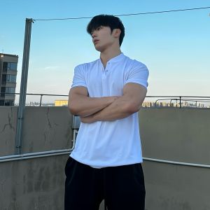 Summer Waffle Short Sleeve New Chinese Henry Collar Polo Shirt Large Lapel Cuff Sports Fitness Men T-shirt