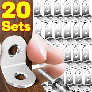 20Sets Stainless Steel Angle Connectors Corner 90 Degree L Joint Brackets Furniture Wood Shelf Brace Door Cabinet Support with Screws