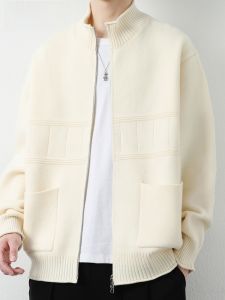 HENGYUANXIANG | Hengyuanxiang Knitted Zipper Collar Mens Outerwear Spring Autumn White Fashionable High-End Feel Cardigan Jacket Casual Style