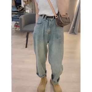กางเกงยีนส์ทรงหลวมเอวสูงสไตล์ฮาราจูกุ สำหรับผู้หญิง กางเกงขายาวทรงขากระบอก ทรงหลวม ทรงเข้ารูป กางเกงขายาวทรงเข้ารูป