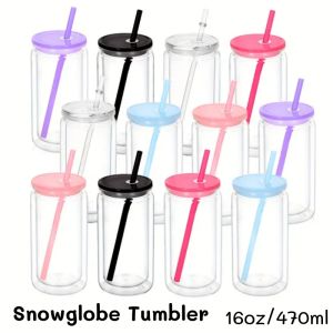1/3/5PC 16OZ Double Wall Snowglobe Tumbler with Pre-Drilled Hole  Reusable Drinks Cups With Straw Break-Resistant Mason Jar Cups