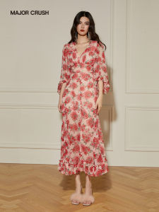 French Style Pink Rose Floral V-Neck Waist Cinched Long Dress