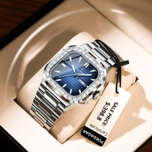 POEDAGAR Luxury Men Watch Diamond Square Dial Man Clock Stainless Steel Men Watches Waterproof Luminous Date Week Mens Watches Fashion Quartz Watch for Men
