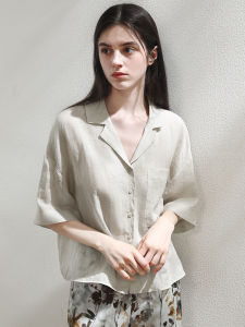 Miccbeirn | Pure Flax Short Sleeve Shirt Casual V-Neck Glitter Spray Gold Commute Simple Pure Color Top Loose Fit Business Casual Shirt