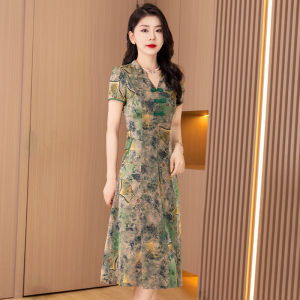 MAIMEI | Elegant Lady Brand Summer Young Luxury Satin Cheongsam Dress Womens A-Line Midi Skirt High Waist Print V-Neck Short Sleeve