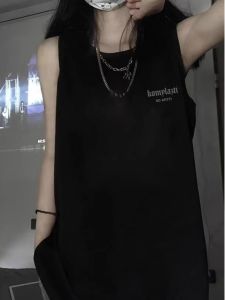 เสื้อกั๊กแขนกุดผ้าฝ้ายแท้สำหรับผู้หญิงในช่วงฤดูร้อน เสื้อเบสบอลหลวมๆ แบบสวมคอวี ดีไซน์เรียบง่าย ใส่ได้หลากหลาย