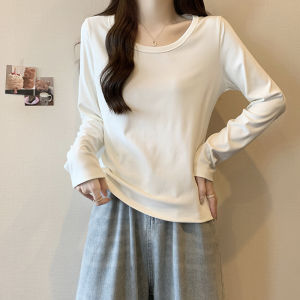 Plus Size Shoulder U-Collar Loose Long Sleeves T-Shirt Bottoming Shirt Womens Autumn Slightly Fat Sister Slimming Belly-Covering Easiest for Match Tops