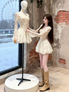 CHANGTONG | Elegant French Square Neck Puff Skirt Dress