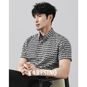 KARESINO Summer New Mens Anti-Wrinkle Business Slim Fit Ice Silk Casual Print Shirt Short Sleeve Fashion Urban Style Cotton Blend