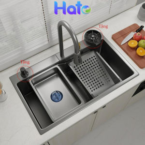 Chậu Rửa Bát 1 Hố Hato INOX SUS304 Cao Cấp Phủ Nano Bồn Rửa Chén 1 Ngăn Lớn Kèm Vòi Thác NướcThớt Khay Rửa Xiphong