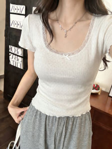 YUANYA | Lace U-Neck Slim Fit Ballet Style T-Shirt White