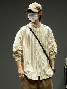 Shirt Mens Long Sleeves Spring and Autumn Japanese-Style Retro Contrast Color Stripes Casual Shirt Boys Trend Hong Kong Style Overalls