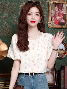WANGGONGZHU | French Floral Chiffon Shirt Women Summer New Fashion Small Top Design Sense Youthful Upper Apparel Princess Style Bubble Sleeve
