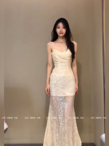 ชุดเดรสยาวสายเดี่ยวประดับเลื่อมสีสันสดใสสำหรับผู้หญิงไซส์ใหญ่ ชุดราตรีย้อนอายุ ชุดทำงานสไตล์เกาหลี ชุดทำงานฤดูร้อน