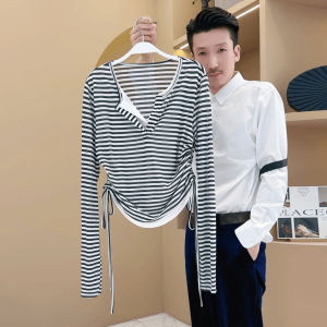 Fashionable Striped Color Block Long Sleeve Womens T-Shirt Casual Style Pleated Slimming Loose Fit Polyester Fiber V-neck