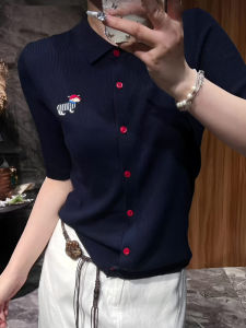 UYFY | Cobalt Blue Polo Neck Short Sleeve Knitted Top Womens Commute Versatile Base Layer Summer New Style Korean Elegance