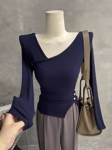 เรียบหรู แขนยาว คอวี เสื้อยืด พรางหุ่น เสื้อฐาน ไม่เท่ากัน แยกเอว-cinching ฤดูใบไม้ร่วง แฟชั่นรัดรูป ผู้หญิง เสื้อท่อนบน