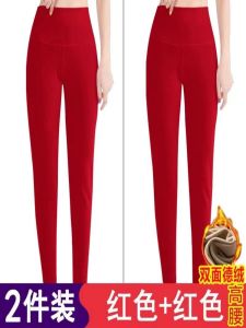 Red High-Waist Velvet Leggings Womens Inner Wear Autumn Pants Slim Fit Elastic Casual Long Trousers Polyester Fiber 100%