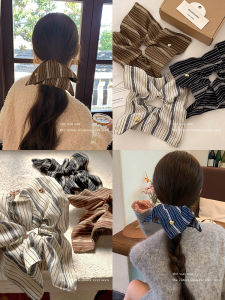 ผ้าพันคอสี่เหลี่ยมลายทางย้อนยุคสำหรับผู้หญิง รุ่น High-End ยางยืดผมแบบสี่เหลี่ยม หางม้าต่ำ รัดผม ประดับผม ยางยืดผม รัดผม ประดับผม