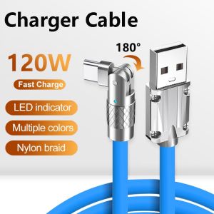 120W 6A Elbow Micro USB 180 Degree Rotating Liquid Silicone Rubber Mobile Phone Fast Charger USB Cable for Phone Playing Game Android Charging Data Line Cables