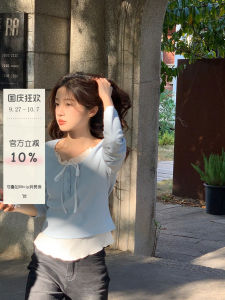 Xinhelp Homemade Sweet Fake Two-Piece Tops Flounce Trim Lace up Long Sleeves T-shirt Female Fresh Easiest for Match Inner Bottoming Shirt